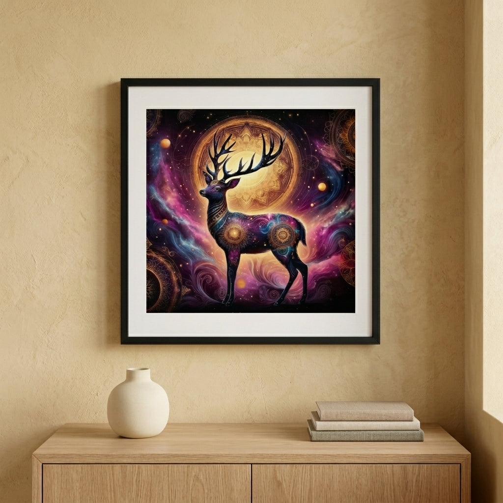 Framed artwork of a deer with a cosmic background on a wall above a wooden cabinet.
