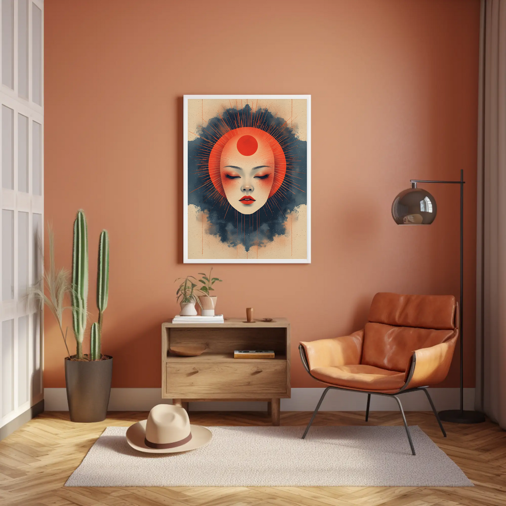 Modern interior with a brown wall, leather chair, wooden cabinet, and decorative painting.