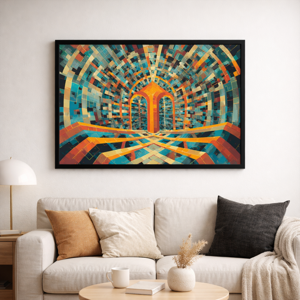Colorful abstract painting on a wall above a white sofa with decorative pillows.