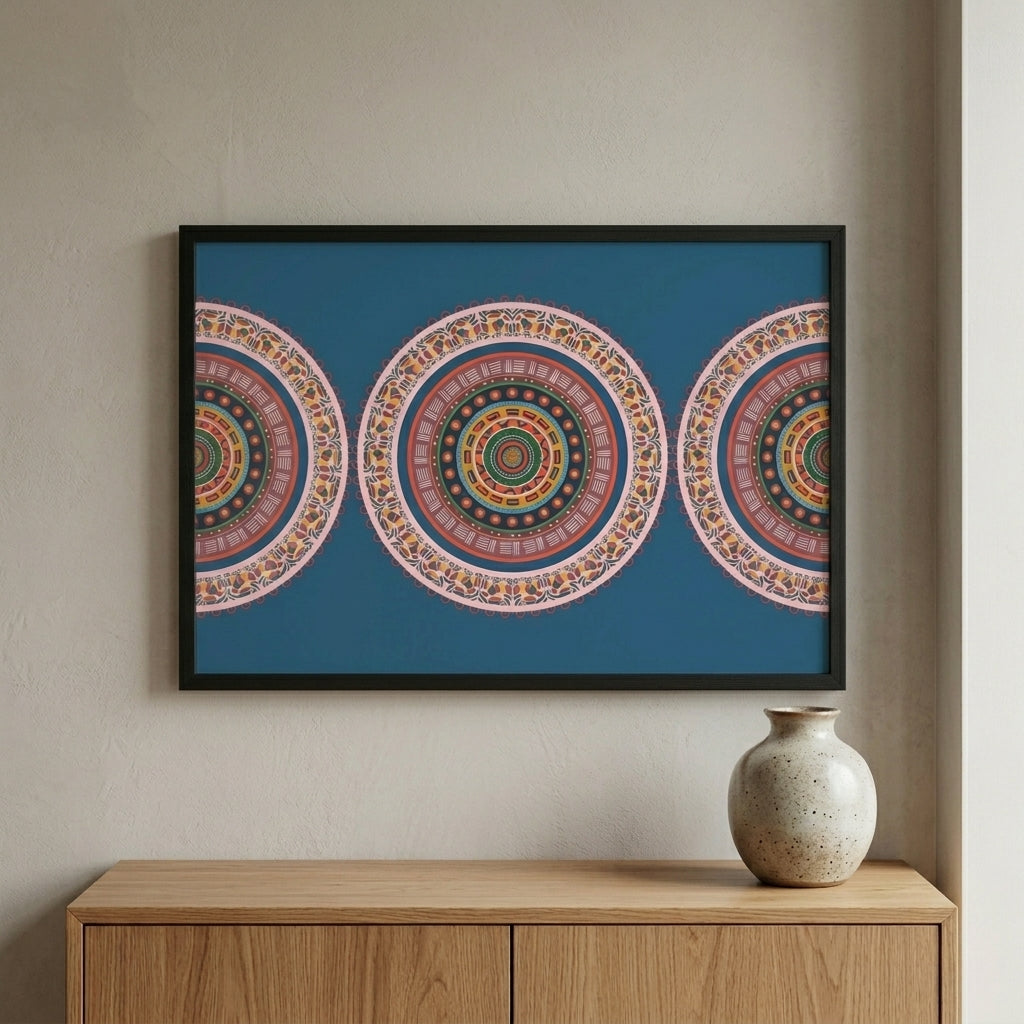Framed artwork with circular patterns on a wall above a wooden cabinet with a ceramic vase.