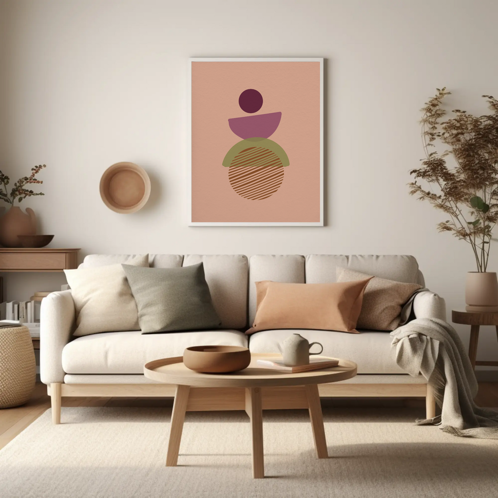 Modern living room with a beige sofa, wooden coffee table, and abstract art on the wall.