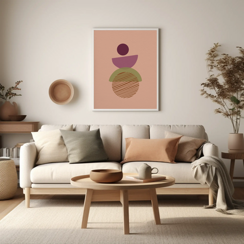 Modern living room with a beige sofa, wooden coffee table, and abstract art on the wall.