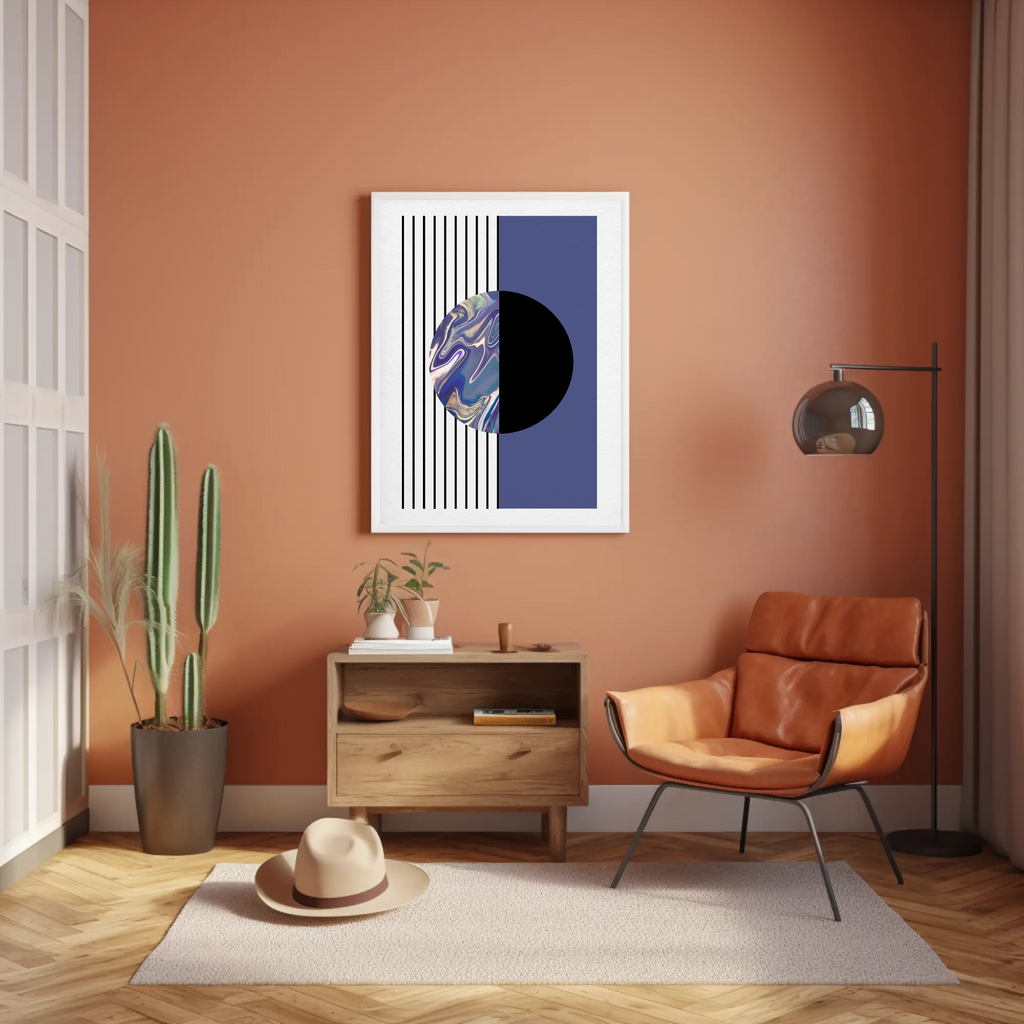 Modern living room with a brown wall, leather chair, wooden cabinet, and abstract art.