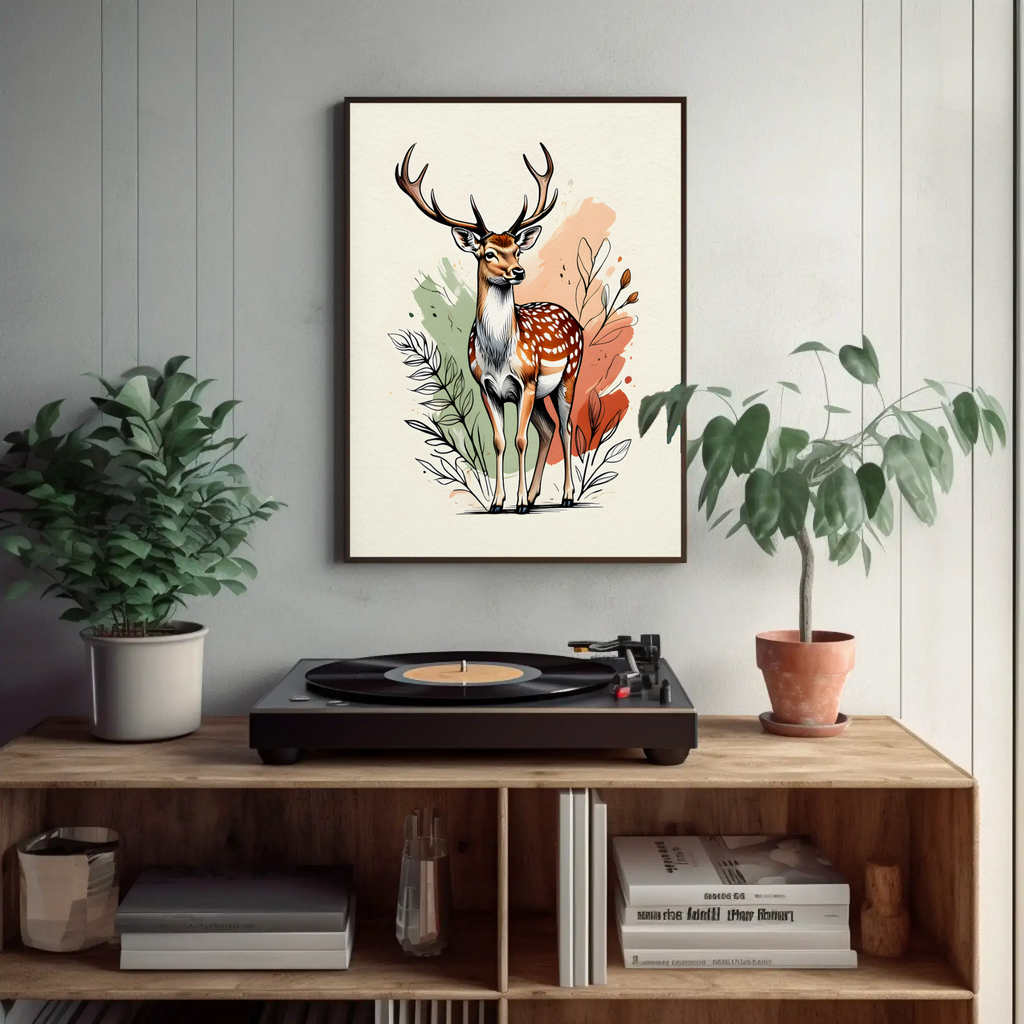 Framed deer artwork above a record player on a wooden shelf with plants.