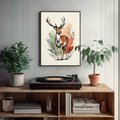 Framed deer artwork above a record player on a wooden shelf with plants.