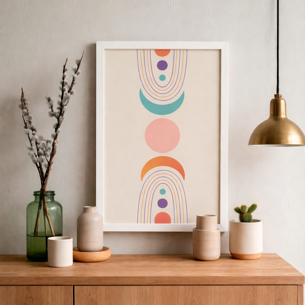 Decorative setup with a colorful abstract art print on a wall above a wooden surface with vases and a lamp.