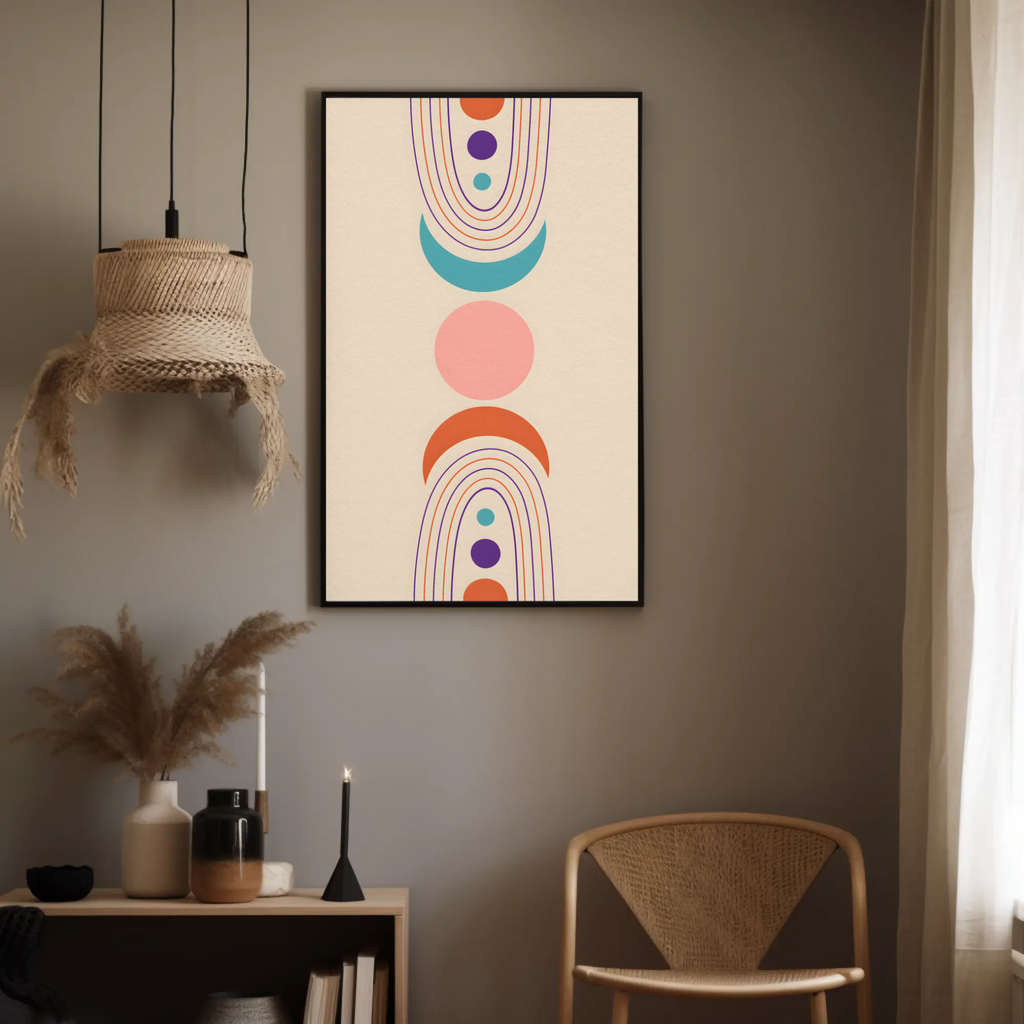 Modern interior with a colorful abstract wall art piece, wicker chair, and decorative items.
