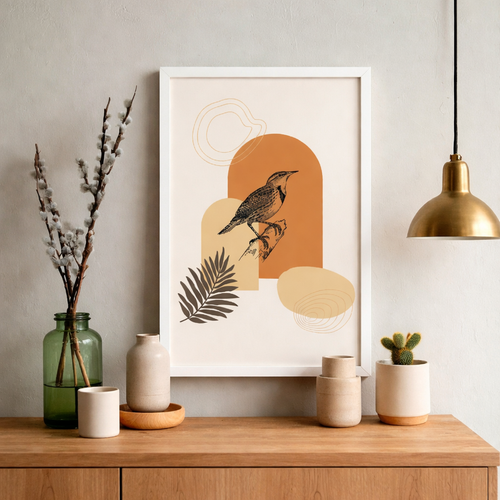 Decorative setup with a framed artwork of a bird, plants, and vases on a wooden surface.