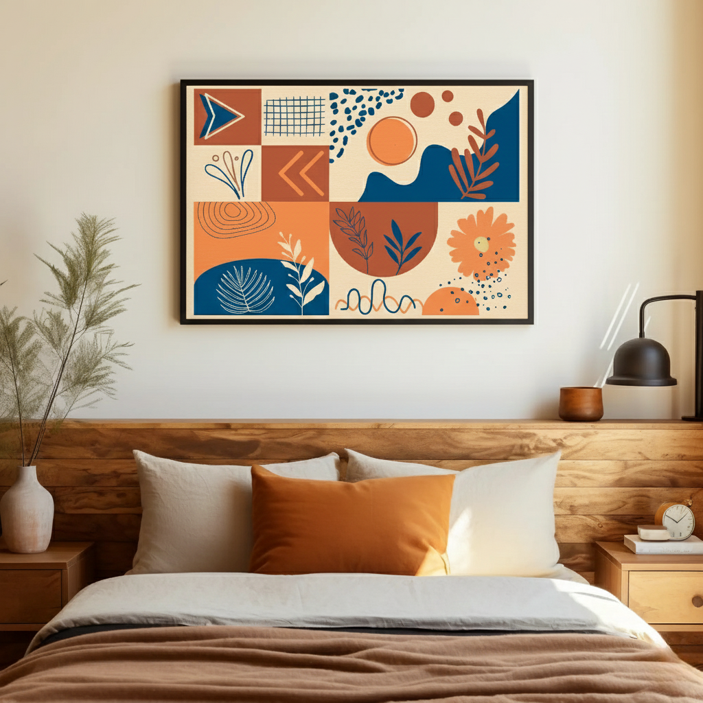 Bedroom with a wooden headboard, colorful abstract art on the wall, and decorative pillows.