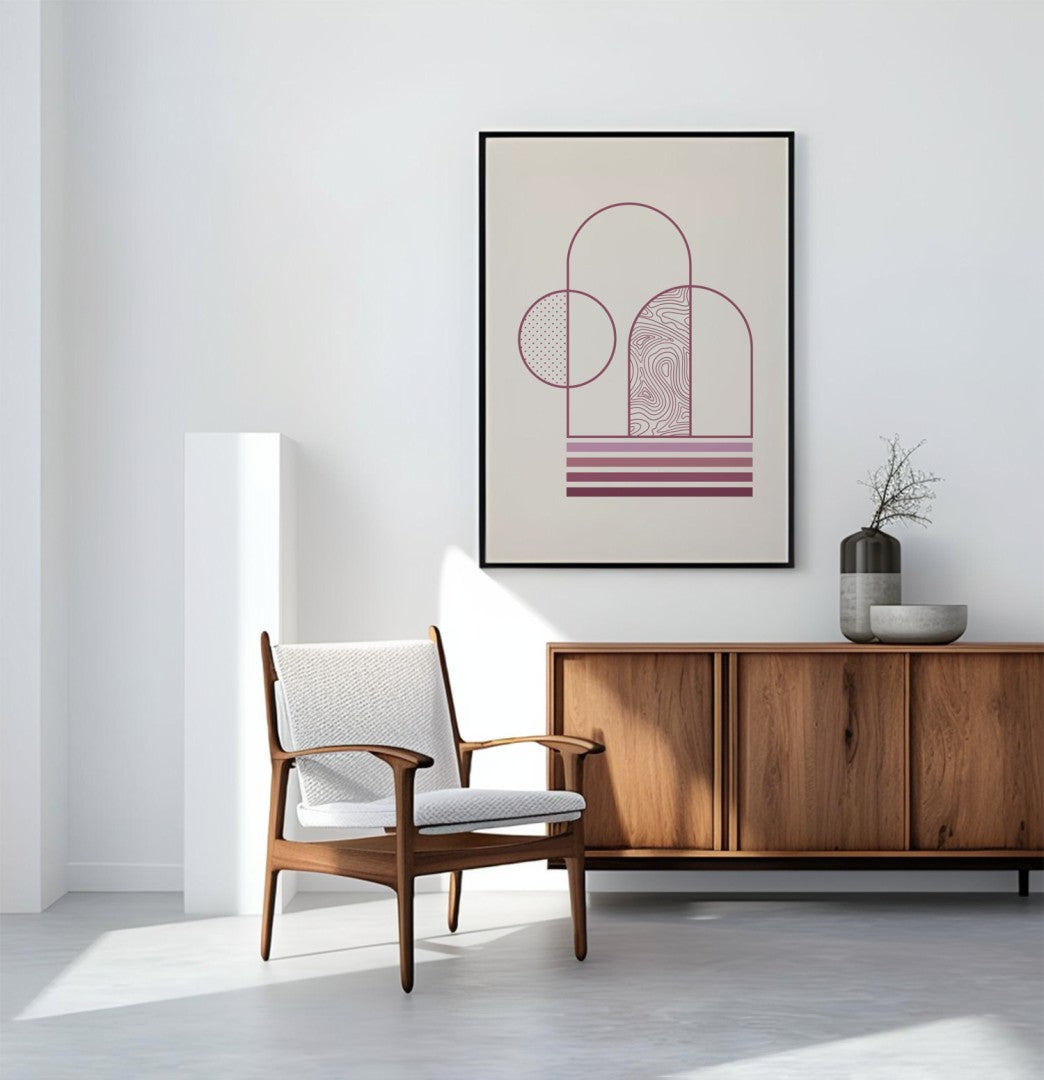 Modern interior with wooden sideboard, chair, and abstract art on the wall.