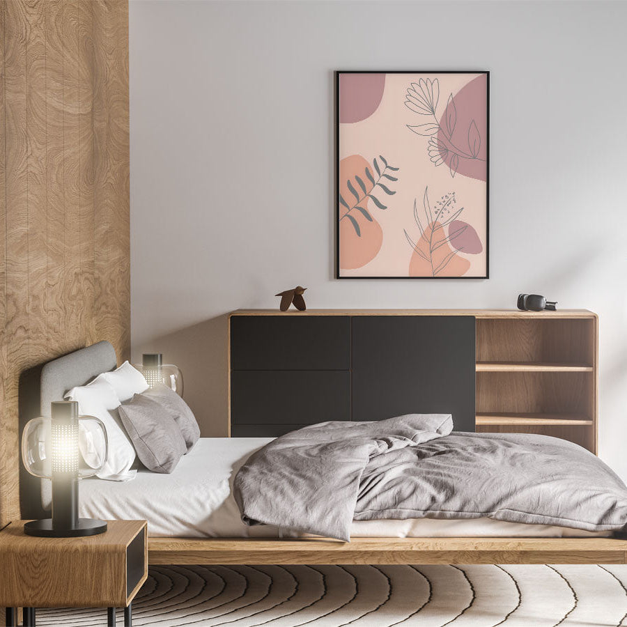Modern bedroom with wooden furniture, bed, and wall art.