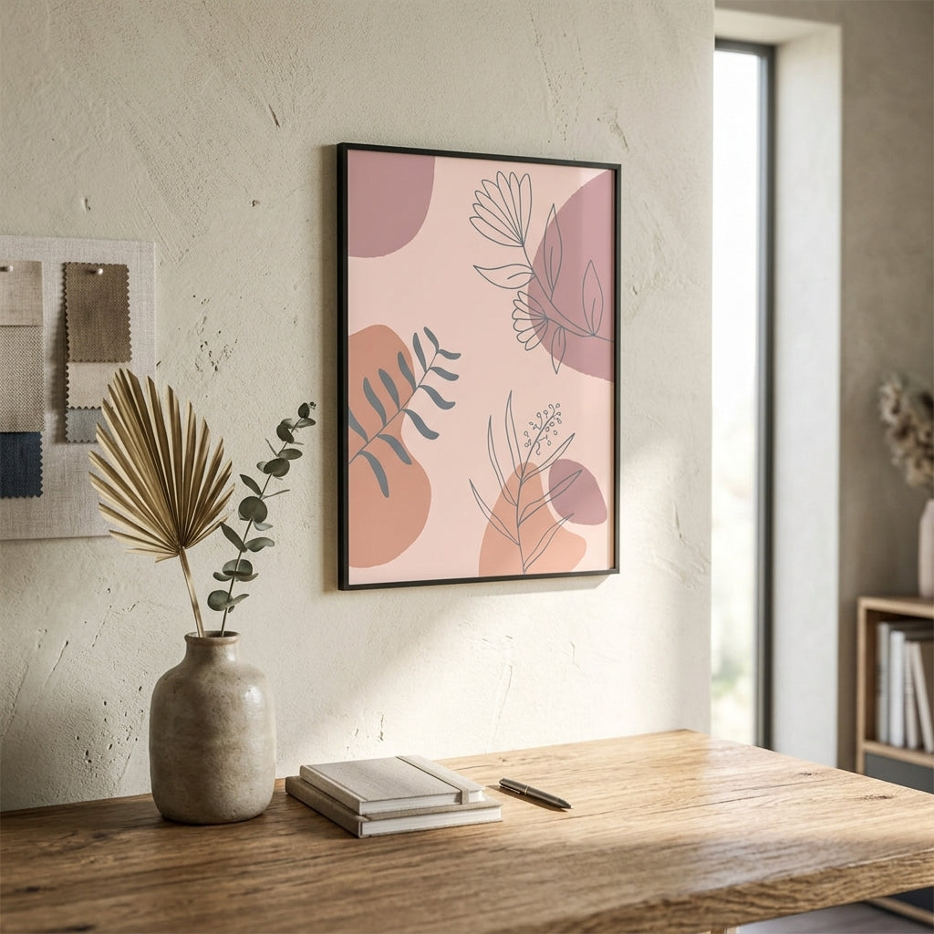 Decorative wall art with abstract leaf design in a modern interior setting.