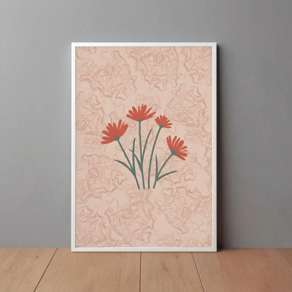 Framed artwork with red floral design on a textured beige background, leaning against a gray wall.