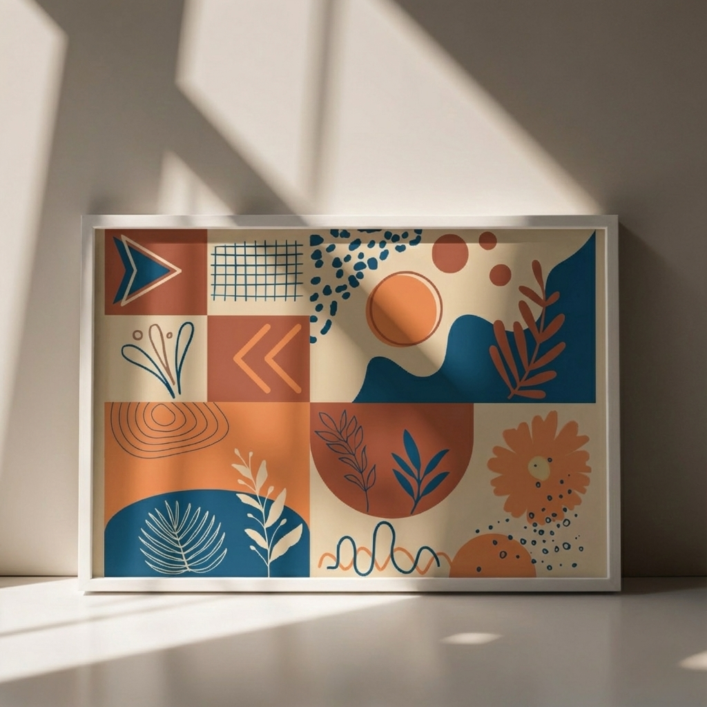 Framed abstract art piece with geometric shapes and patterns on a neutral wall.