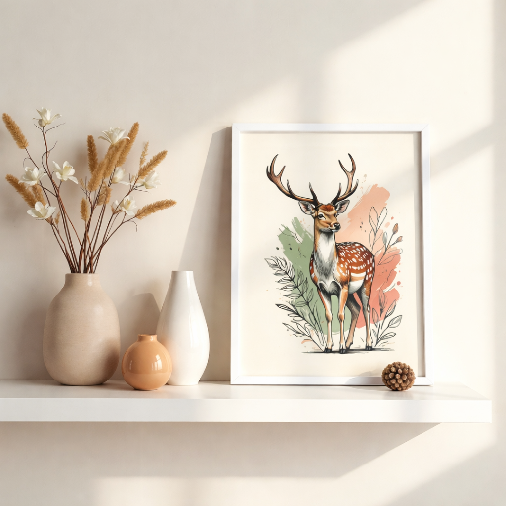Framed artwork of a deer with floral elements on a shelf with decorative vases.