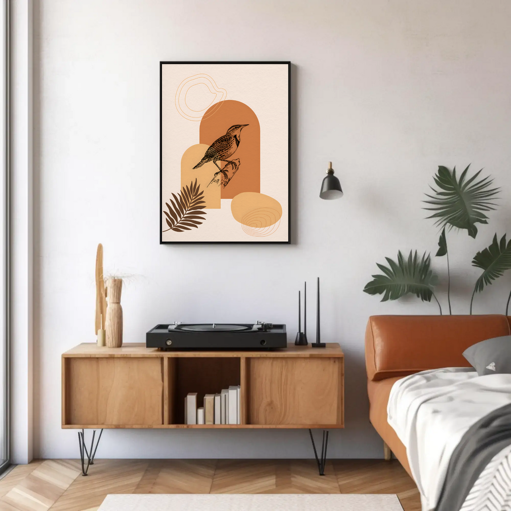 Modern bedroom with wooden cabinet, vinyl record player, and abstract art on the wall.
