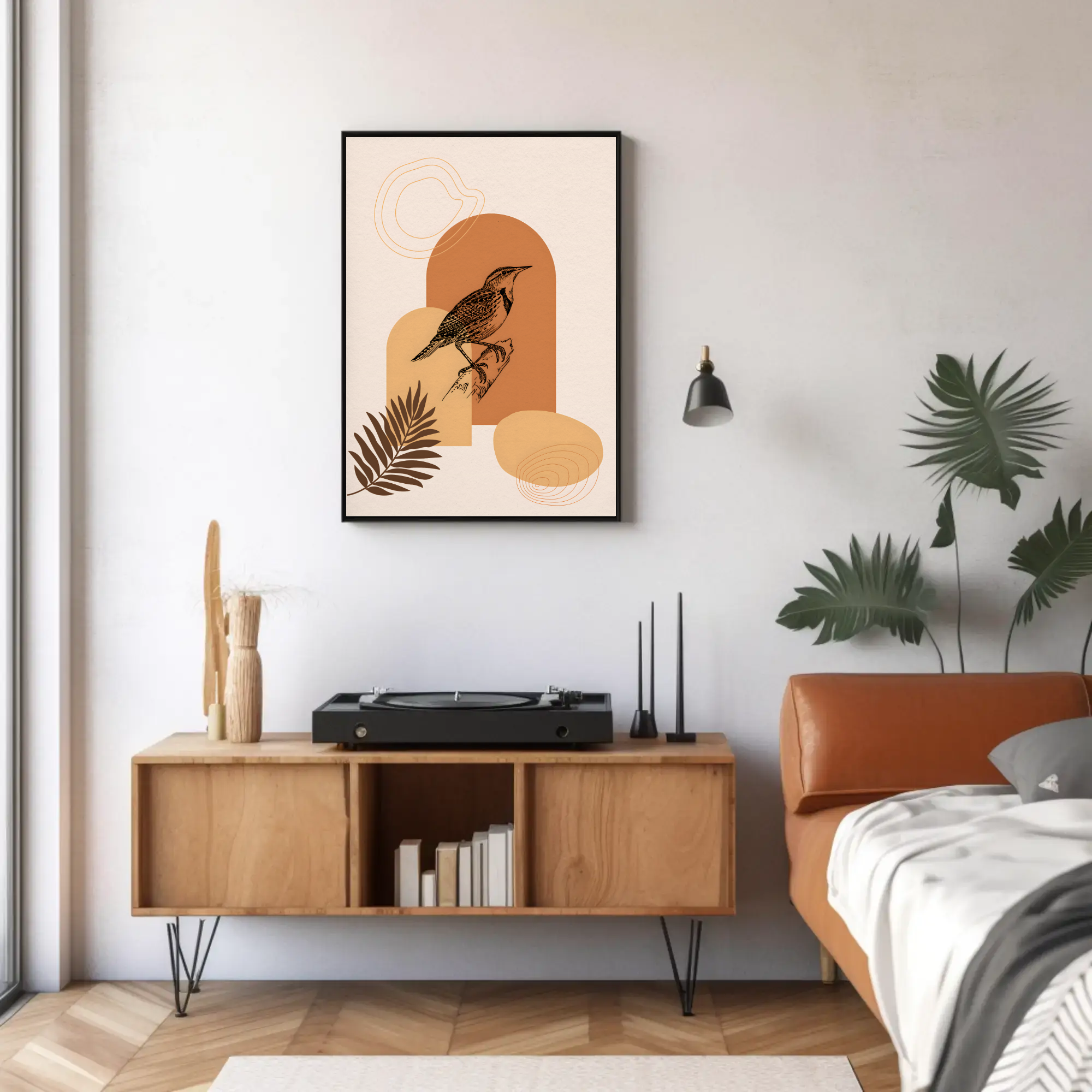 Modern bedroom with wooden cabinet, vinyl record player, and abstract art on the wall.