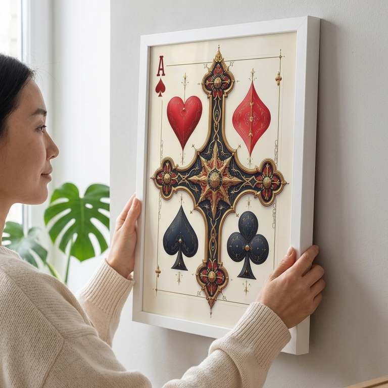 Woman hanging a framed artwork of playing card suits on a wall.