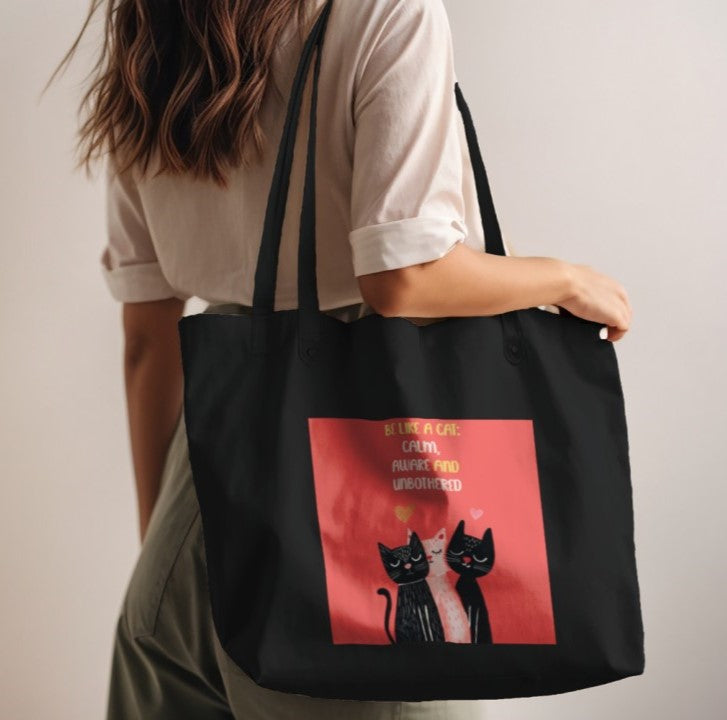 Person holding a black tote bag with a red square featuring cats and text.