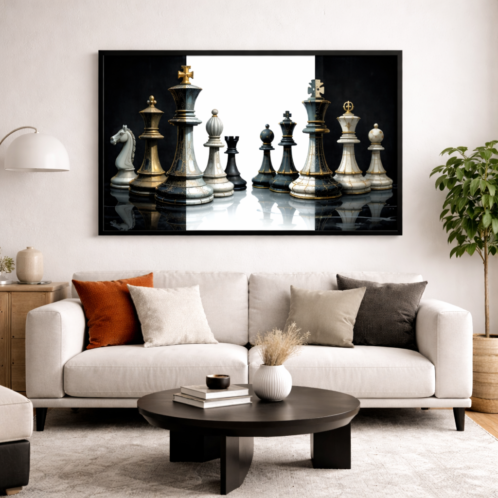 Framed chess piece art above a sofa in a living room