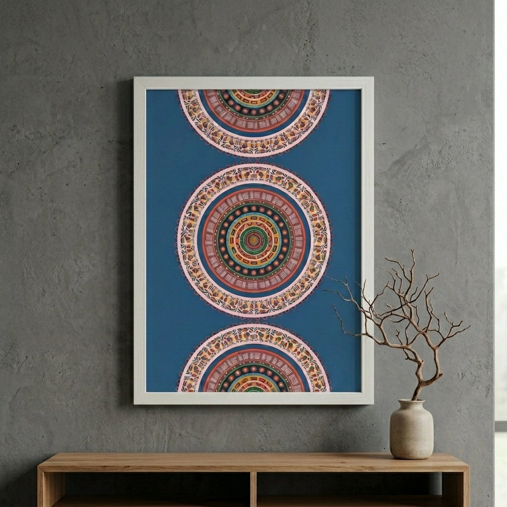 Framed colorful circular pattern art on a gray wall with a wooden shelf and vase.