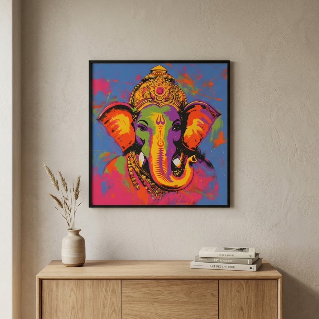 A framed colorful pop-art canvas print of Ganesha hangs on a textured beige wall above a light wood console table with a vase and books.