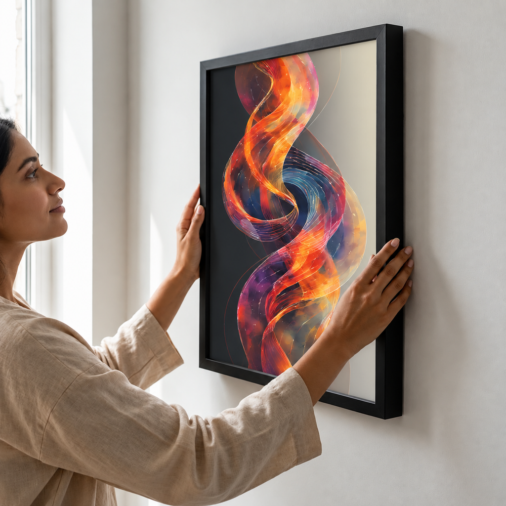 A woman in a beige top is adjusting a black-framed wall art print hanging on a light gray wall. The artwork features a vibrant, abstract swirling design in orange, red, purple, and blue on a dark background.