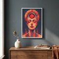 A framed art print featuring a stylized geometric portrait of a woman with a red circular halo-like symbol above her head, displayed on a dark gray wall above a wooden console table with a vase and books.