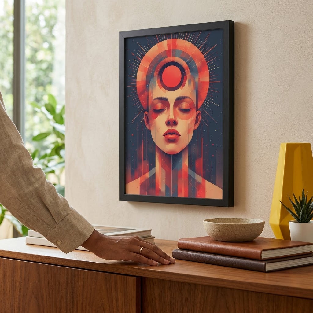 Framed wall art featuring a stylized portrait of a woman with a red circular halo-like symbol above her head, displayed on a beige wall above a wooden console table in a modern interior setting.