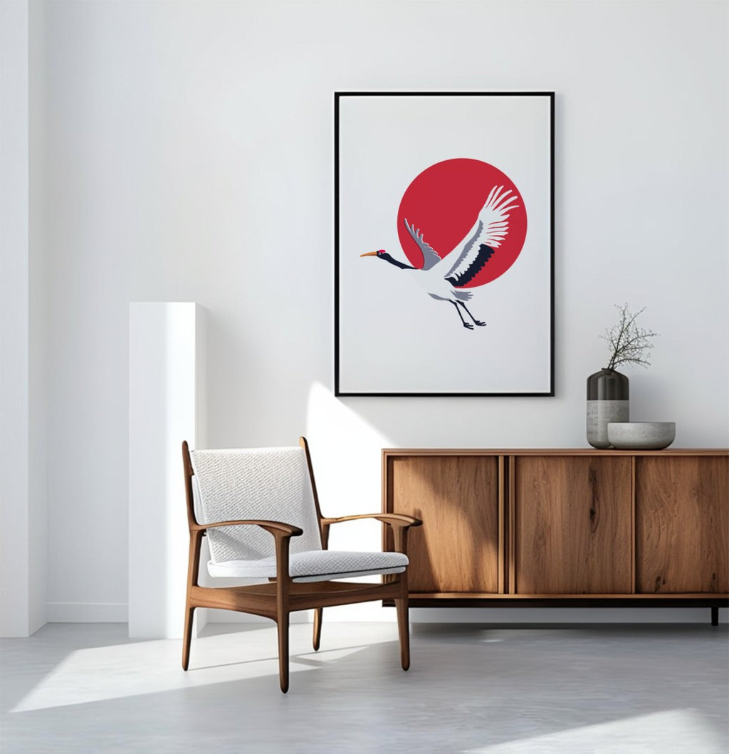 Modern interior with wooden chair, sideboard, and framed artwork of a crane on a red circle.