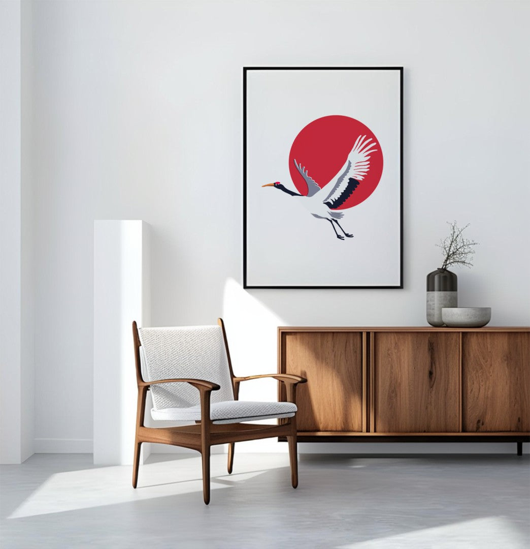 Modern interior with wooden chair, sideboard, and framed artwork of a crane on a red circle.