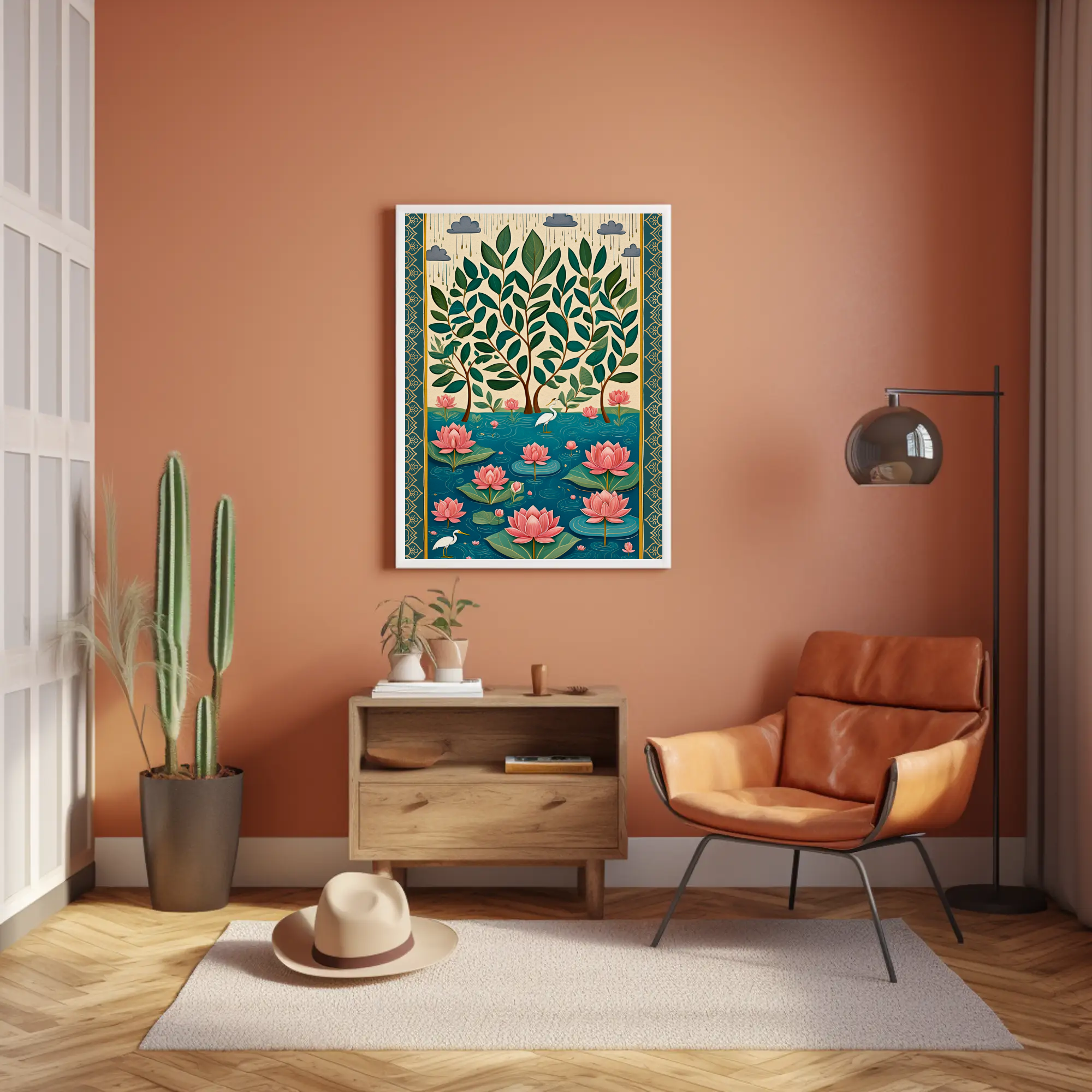 Living room with a brown wall, leather chair, wooden cabinet, and decorative painting.