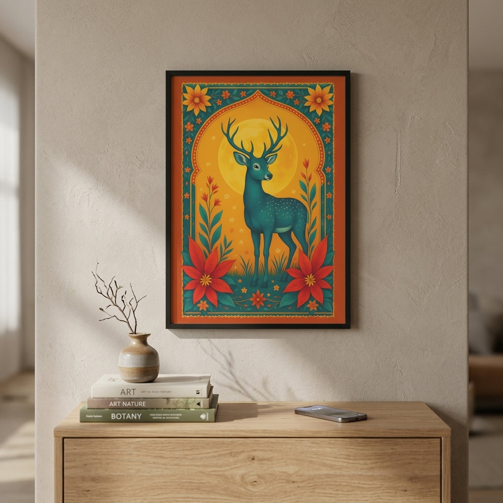 Decorative poster of a deer with flowers on a wall above a wooden cabinet.