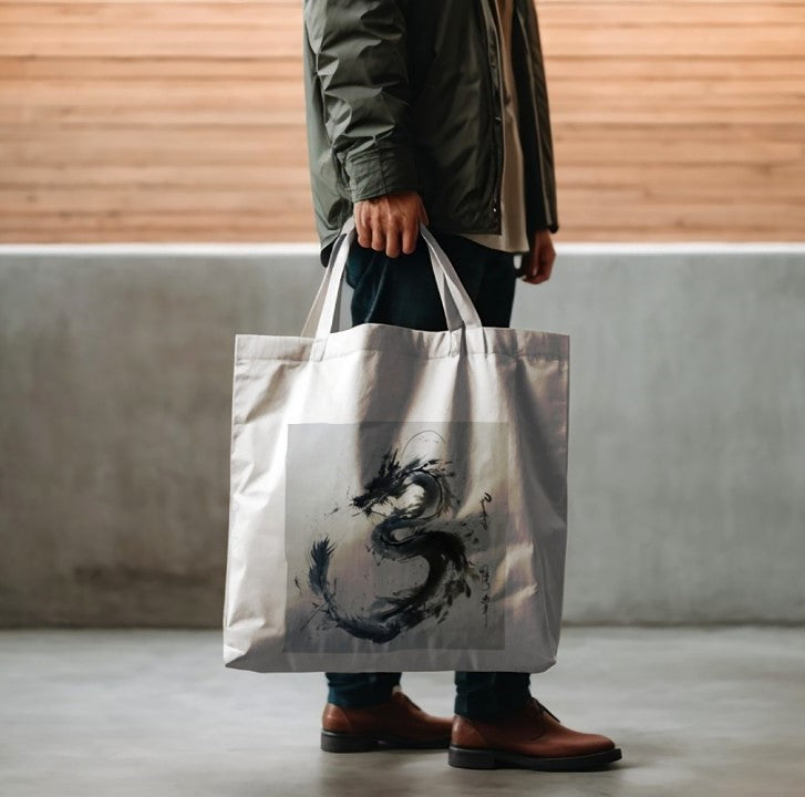 Person holding a tote bag with a dragon design against a neutral background