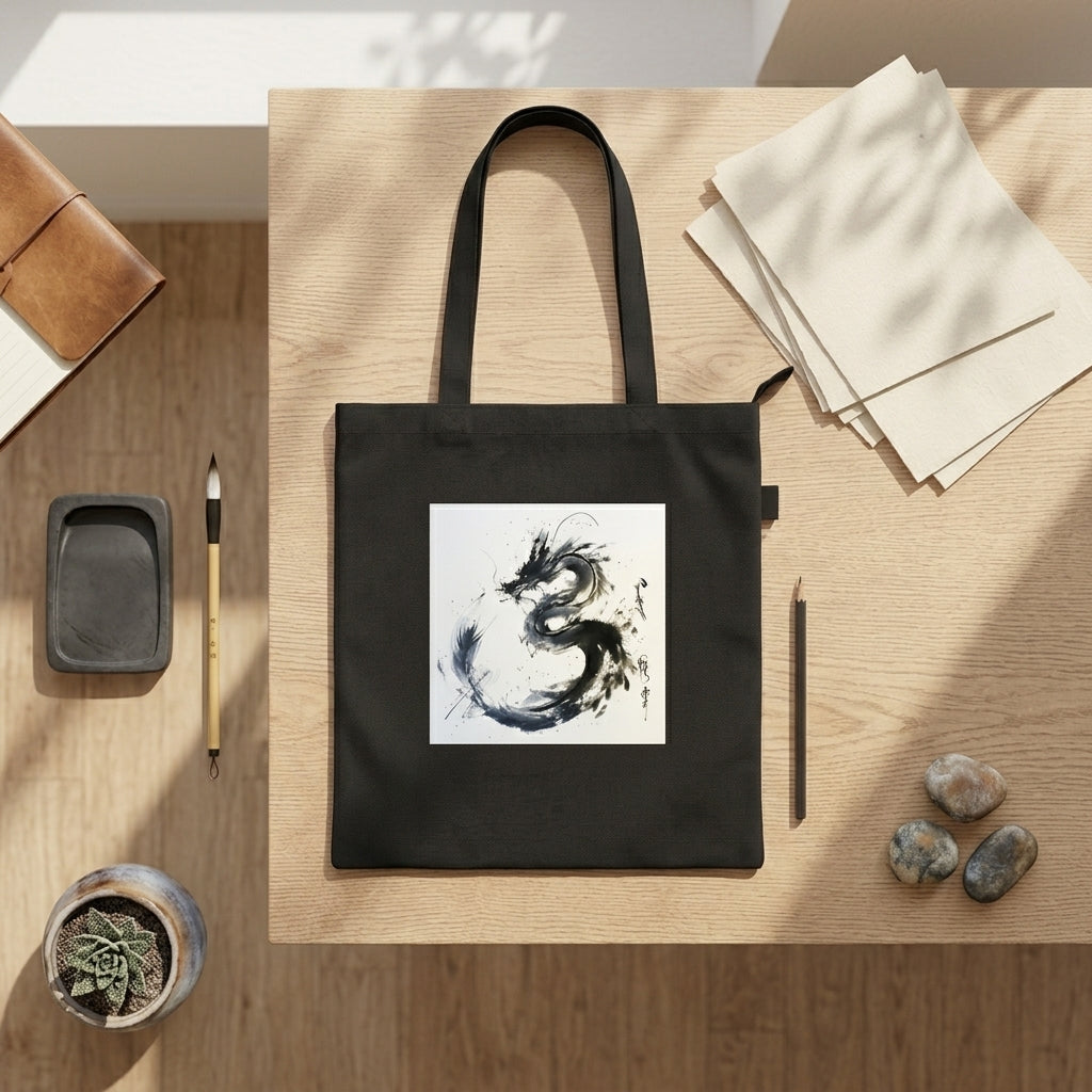 Black tote bag with a dragon design on a wooden surface with stationery items.