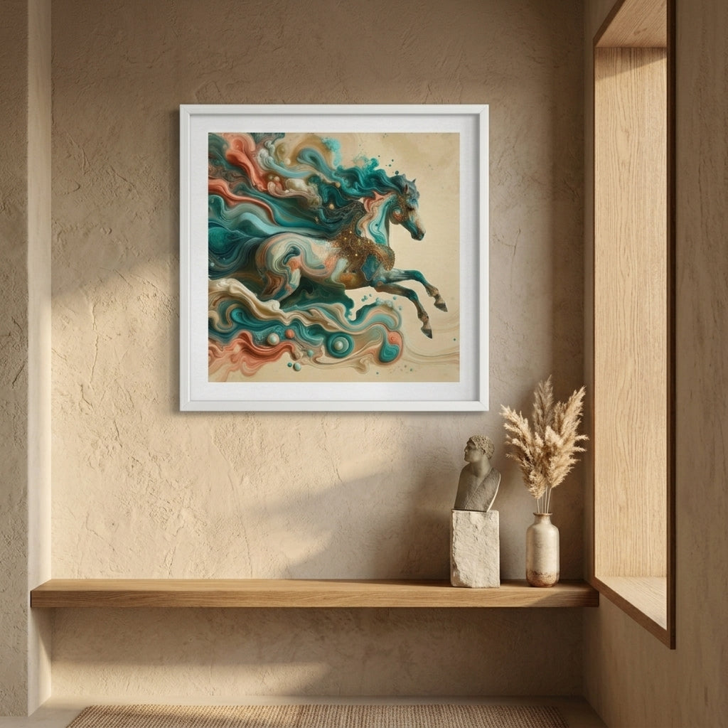 Framed abstract horse painting on a wall above a wooden shelf.