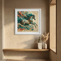 Framed abstract horse painting on a wall above a wooden shelf.