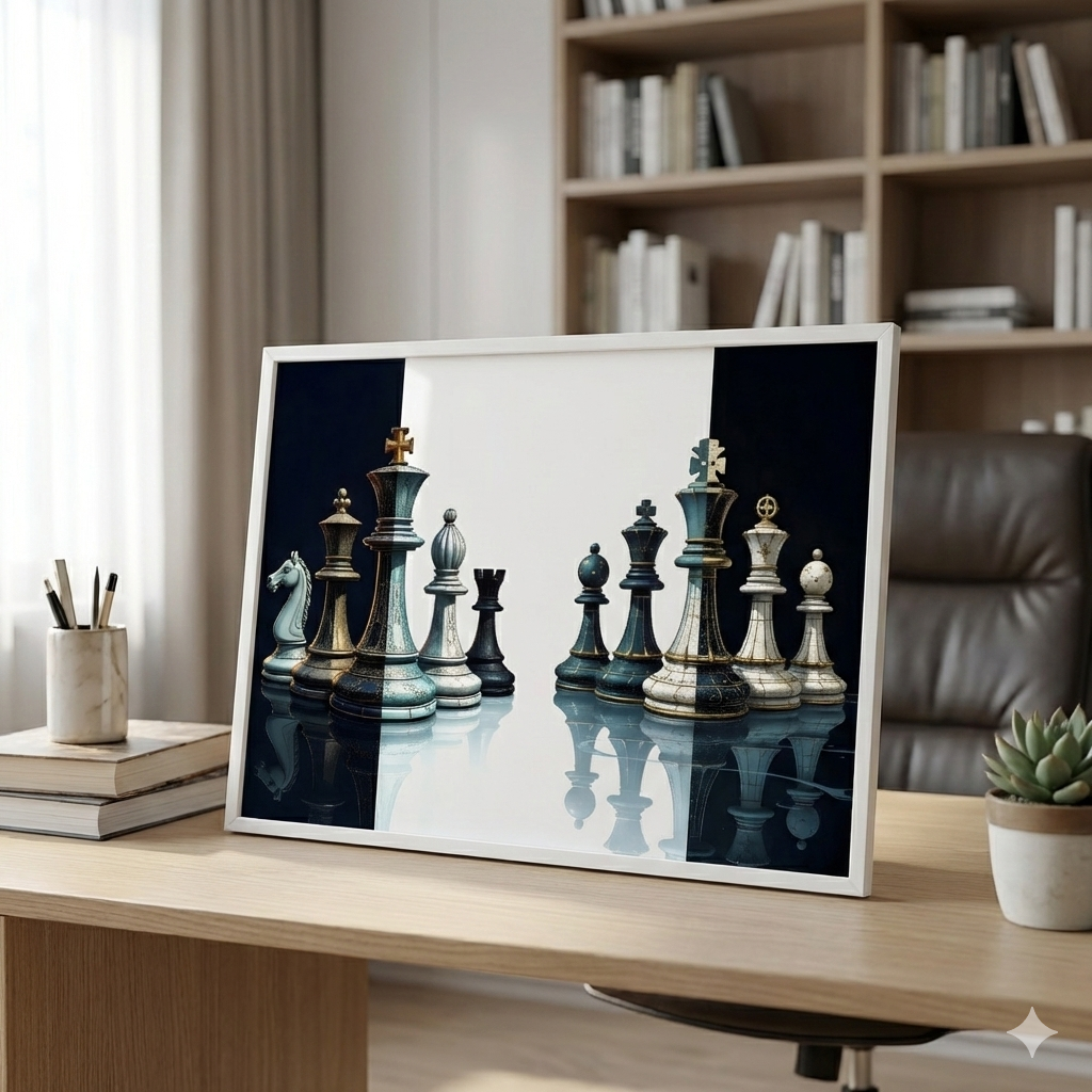 Framed artwork of chess pieces on a desk with a bookshelf in the background