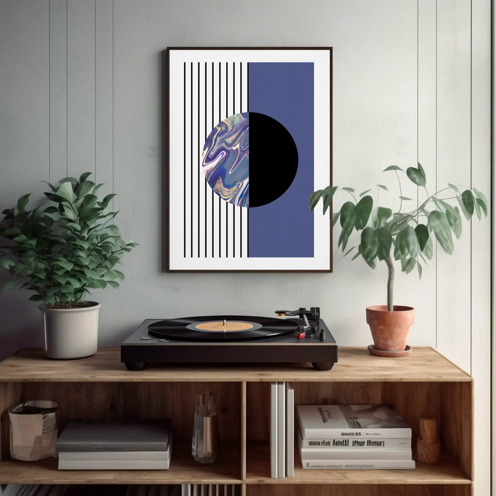 Turntable on a wooden shelf with abstract art above it, plants on either side, and books below.