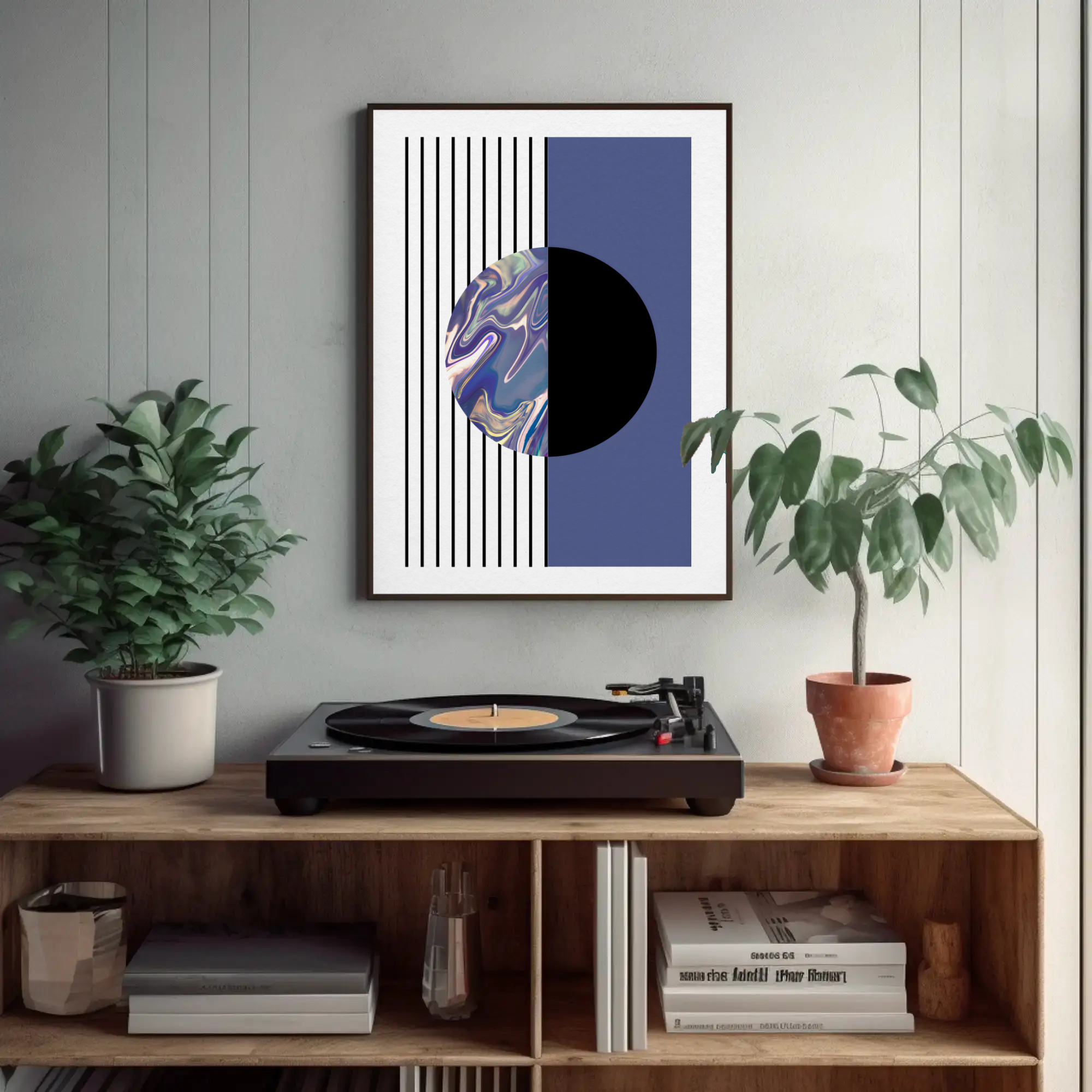 Turntable on a wooden shelf with abstract art above it, plants on either side, and books below.