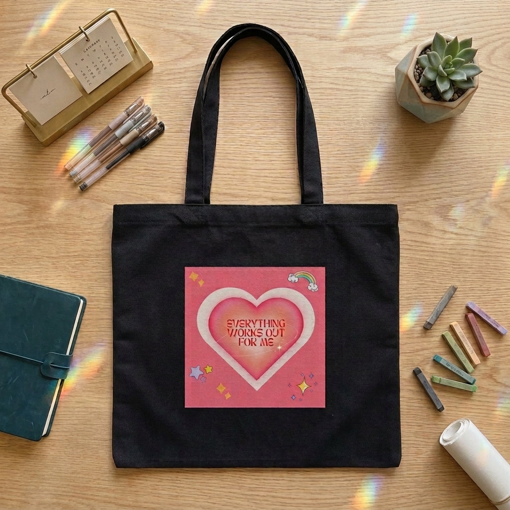 A black canvas tote bag with a pink heart graphic reading 'Everything Works Out For Me' is displayed in a flat-lay arrangement on a wooden desk with stationery and a small succulent.