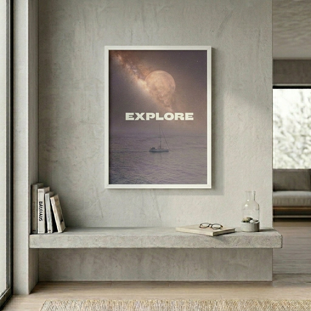 Framed poster with 'EXPLORE' text on a wall above a concrete shelf.