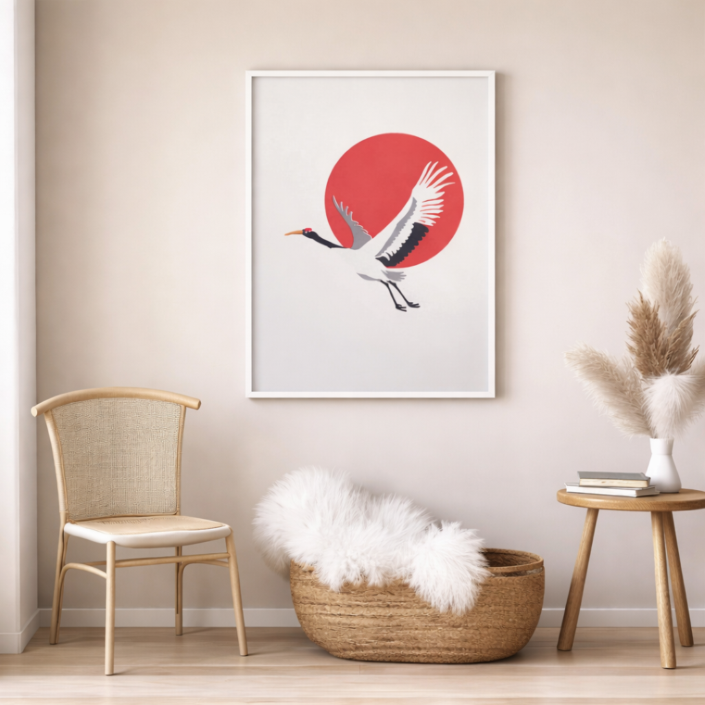 Framed artwork of a crane bird with a red circle on a beige wall, with a chair, basket, and small table in the foreground.