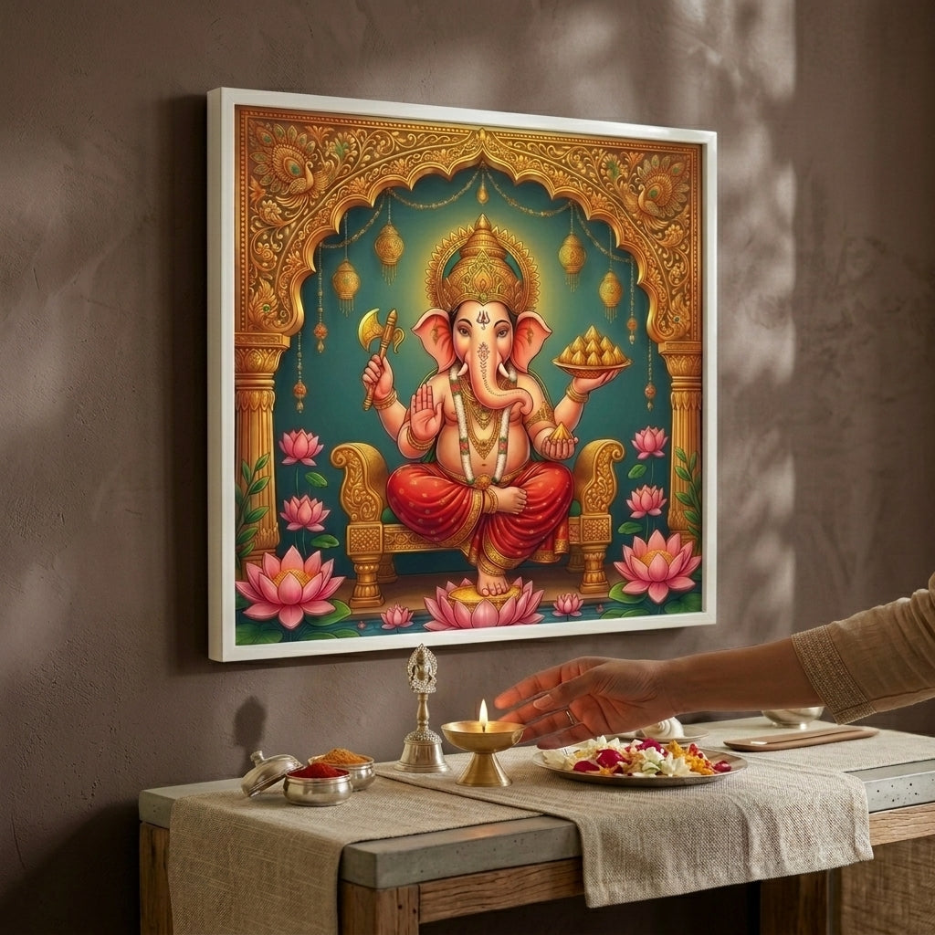 Framed artwork of a deity on a wall above a table with offerings.