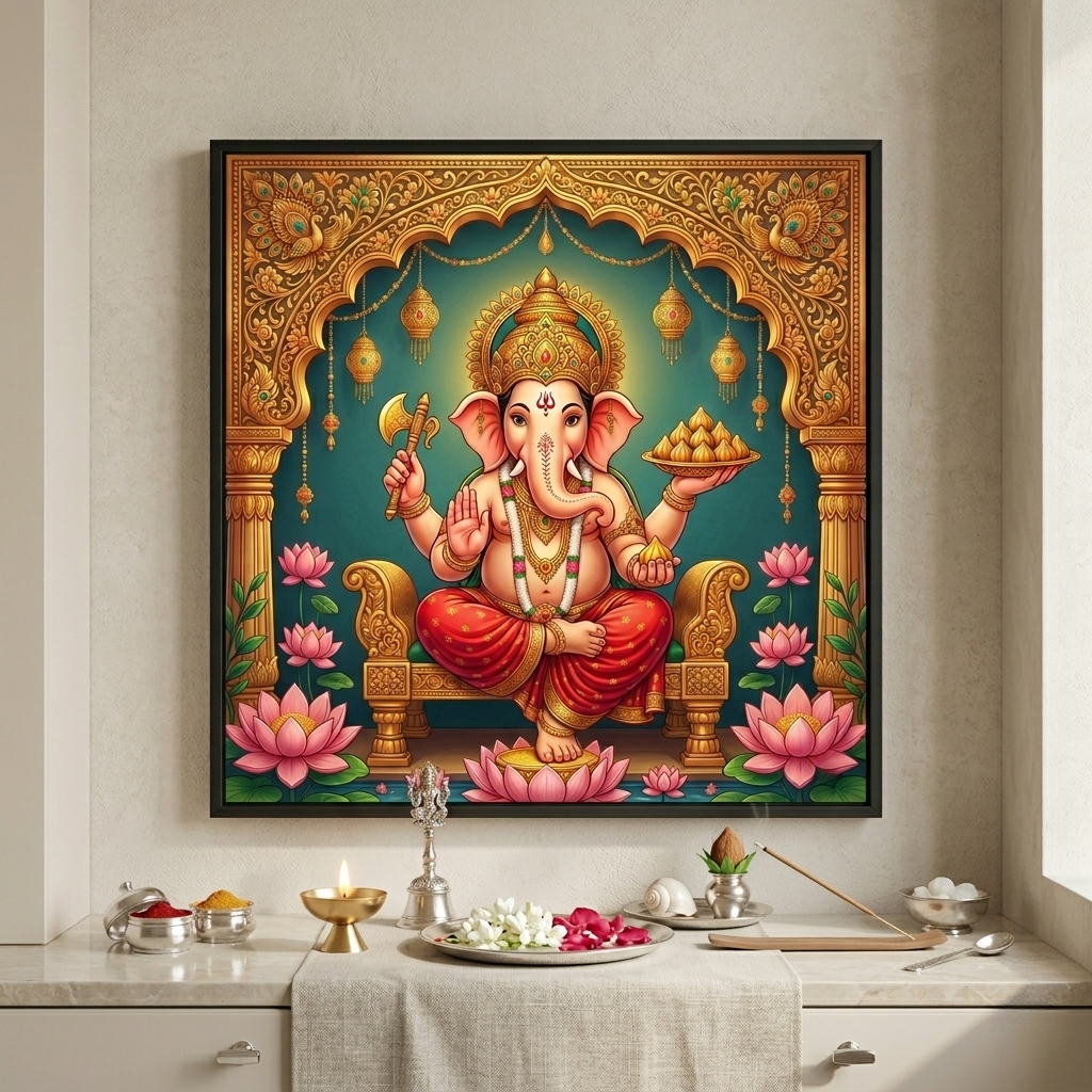 Decorative painting of Lord Ganesha on a wall above a table with offerings.