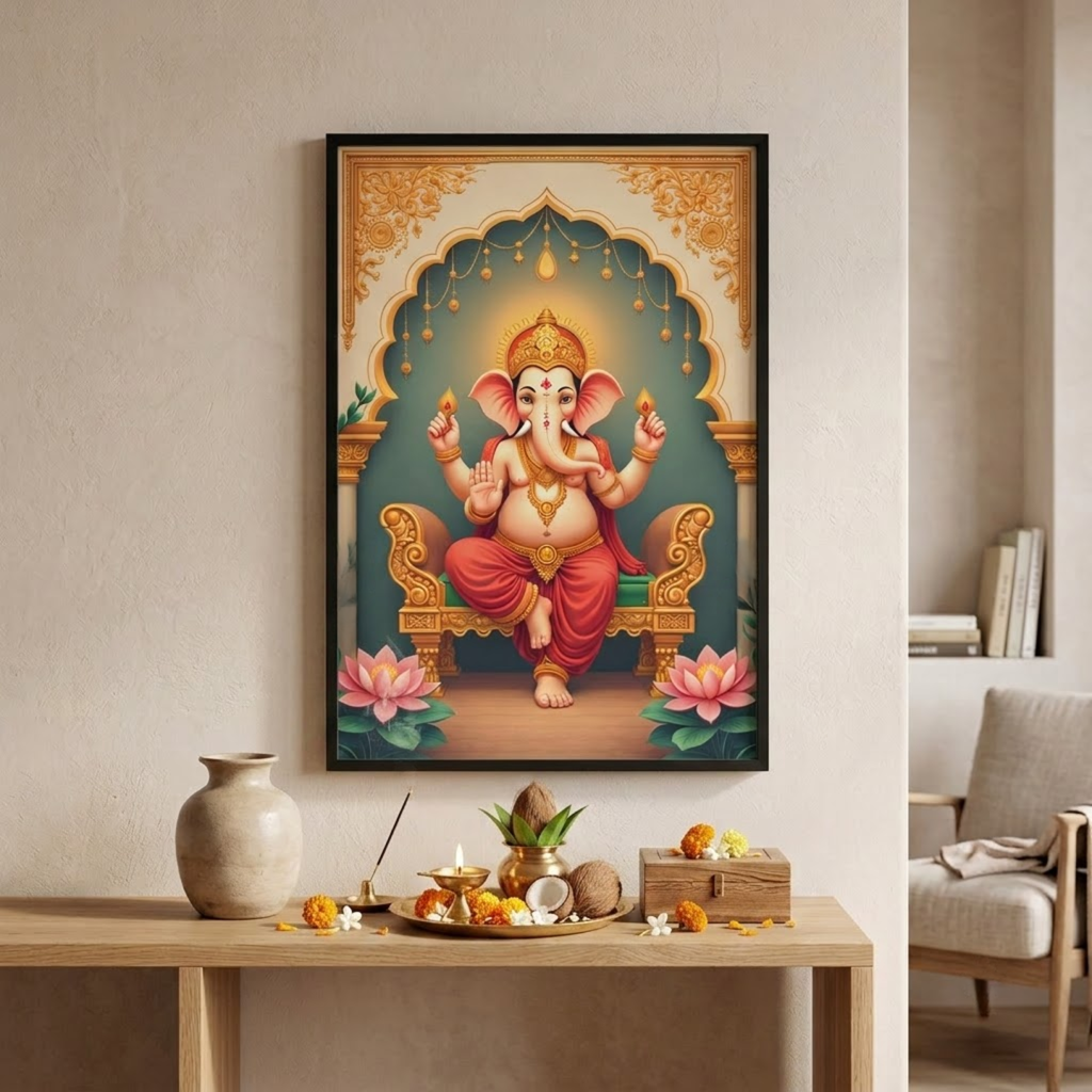 A framed vertical art print of Lord Ganesha seated on a throne, displayed on a beige wall above a wooden altar with decorative items. The print features Ganesha in pink and gold robes against a teal and gold arch background.