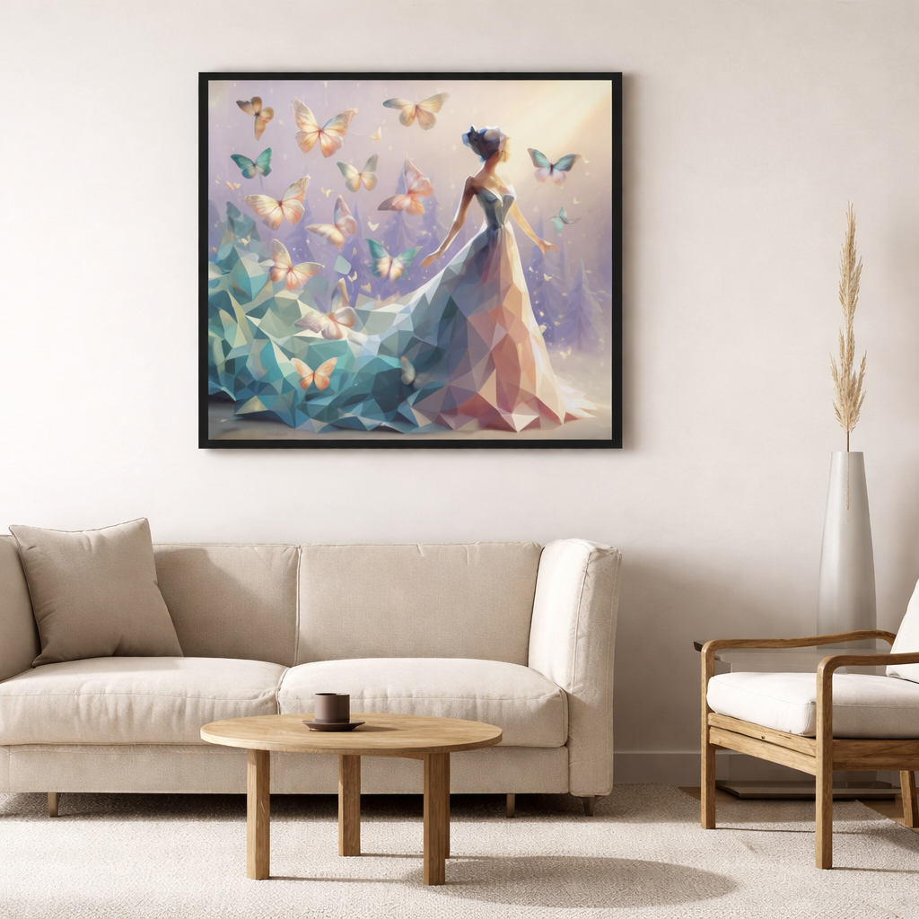 Living room with a sofa, coffee table, and chair, featuring a large framed painting of a woman in a blue dress with butterflies.