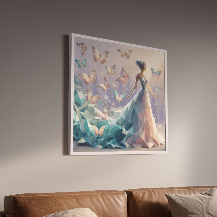 Framed artwork of a woman in a dress with butterflies on a wall above a sofa.