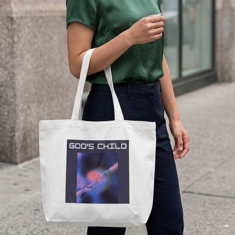 Woman holding a tote bag with 'God's Child' graphic design on a city street.