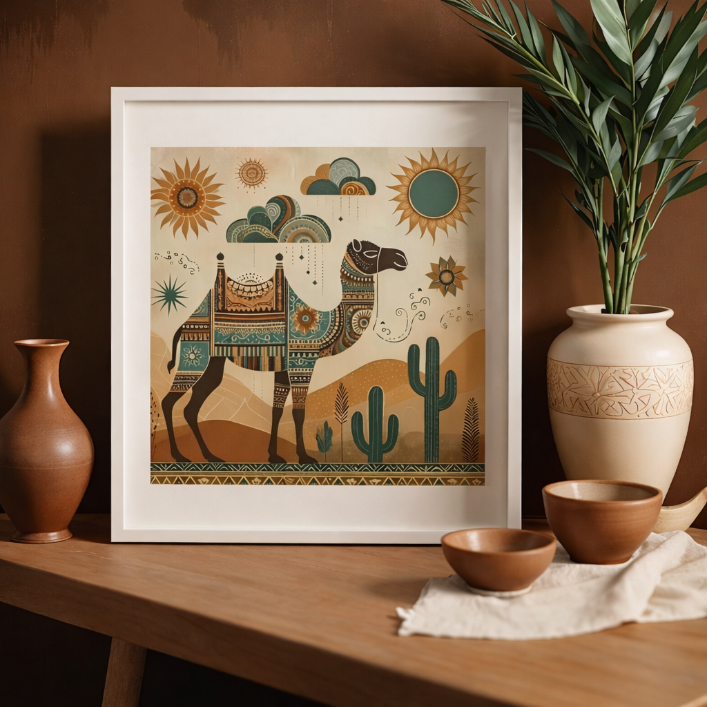 Framed artwork of a camel with desert elements on a wooden table with decorative items.